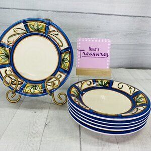 Liddy GREEN PLANTS Hand Painted Blue Trim Ceramic Salad Snack Round Plates Set 6